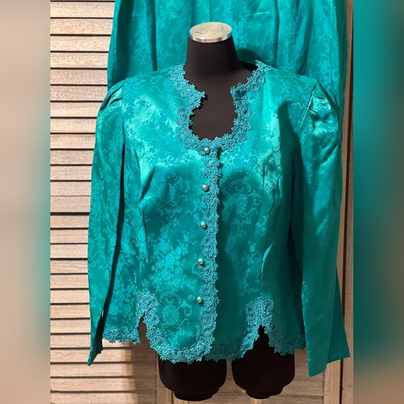 Vintage 80s Brocade Floral Embroidered Skirt Set Suit Pearl Dress Jacket Blazer - Picture 2 of 16